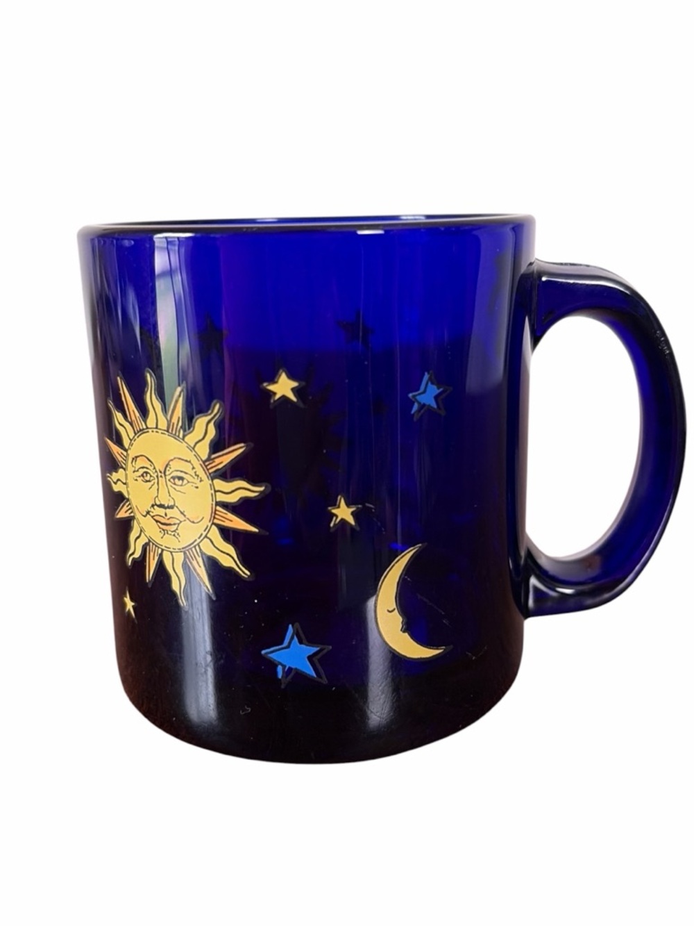 Libbey Cobalt Blue Glass Mug Celestial Moon and Stars retro boho MCM Rare Whimsy